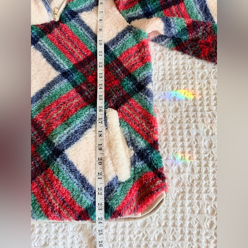 Talbots Ultra Plush Sherpa Fleece Top Zip Blue Green Plaid Women’s Med Petite - Picture 9 of 11